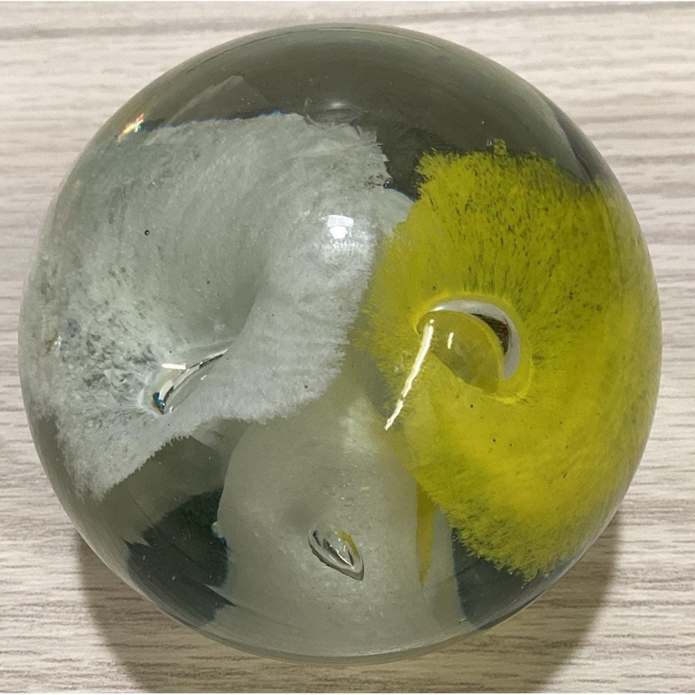 Art Deco Glass Paperweight 3.25x3" White & Yellow Fluffy Flowers Lilies